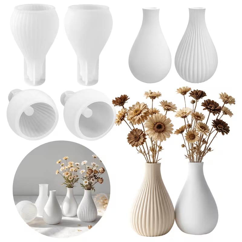 Fluted Vase Silicone Mold – Ribbed Bulb Shape for Concrete/Resin (17cm)